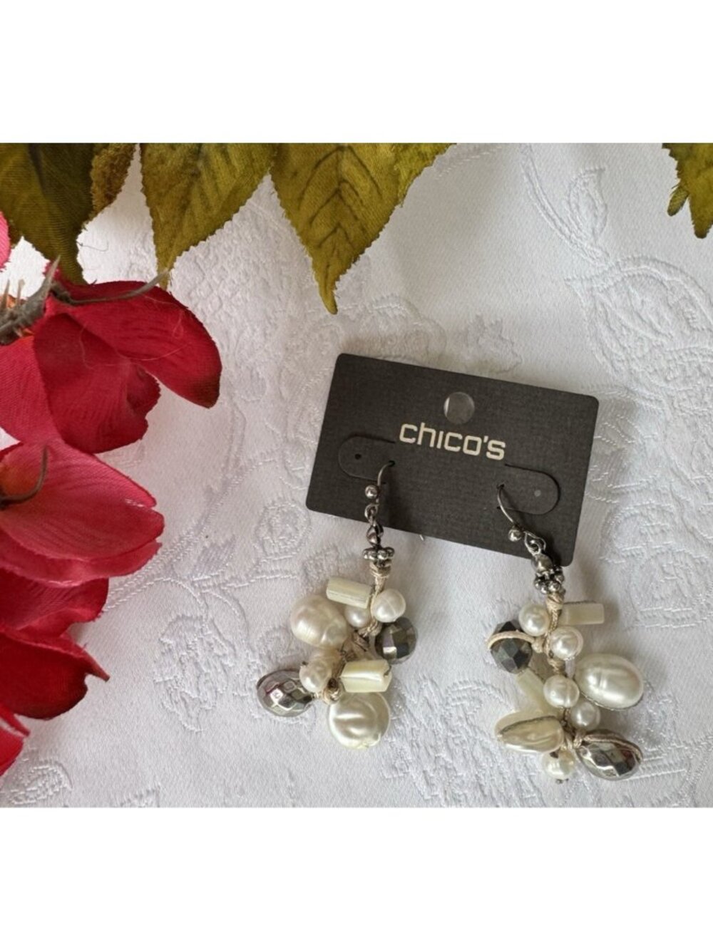 Chico's Faux Pearl Cluster Beaded Charm Dangle Earrings Silver Bead 2.5" NEW
